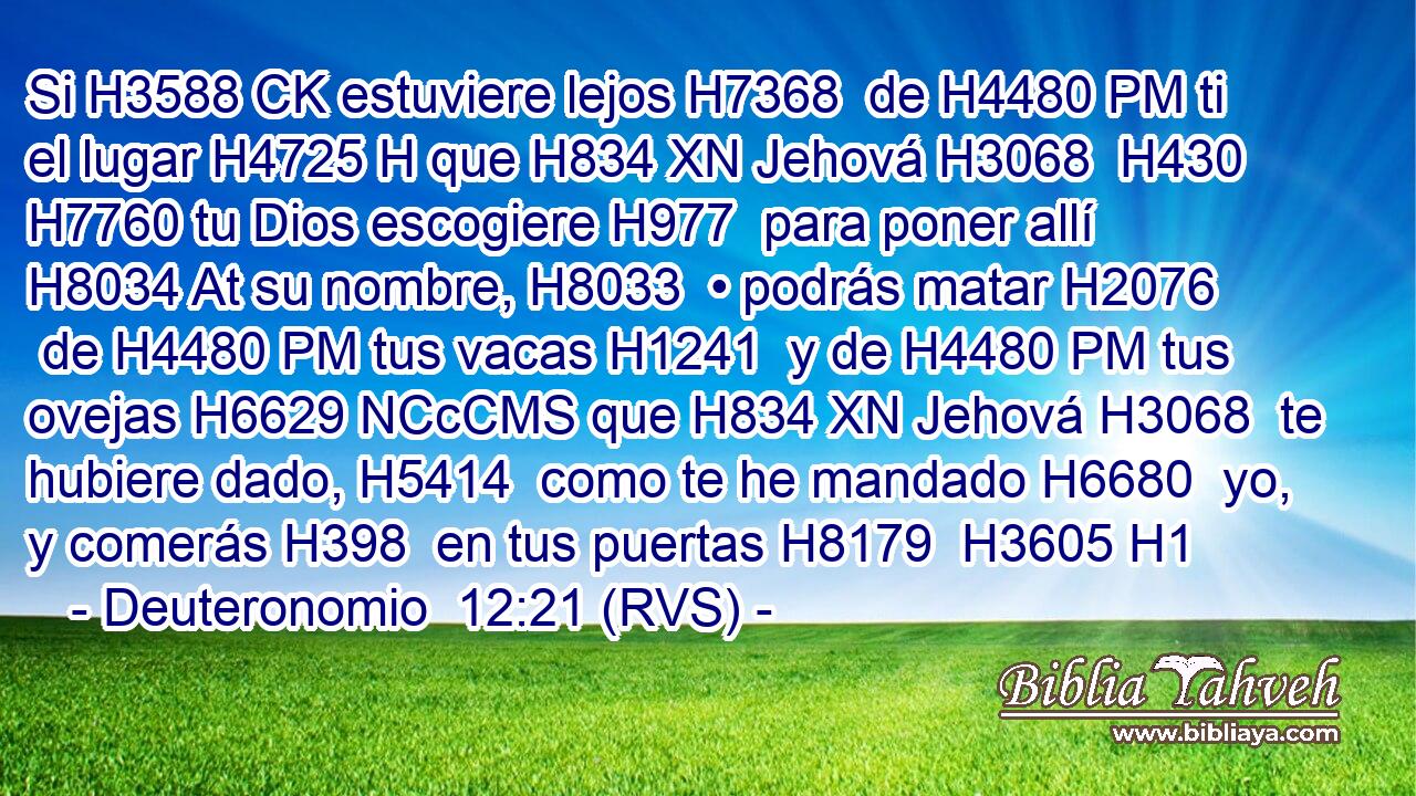 Si H3588 CK estuviere lejos H7368  de H4480 PM ti el lugar H4725 H que H834 XN Jehová H3068  H430 H7760 tu Dios escogiere H977  para poner allí H8034 At su nombre, H8033  • podrás matar H2076  de H4480 PM tus vacas H1241  y de H4480 PM tus ovejas H6629 NCcCMS que H834 XN Jehová H3068  te hubiere dado, H5414  como te he mandado H6680  yo, y comerás H398  en tus puertas H8179  H3605 H1