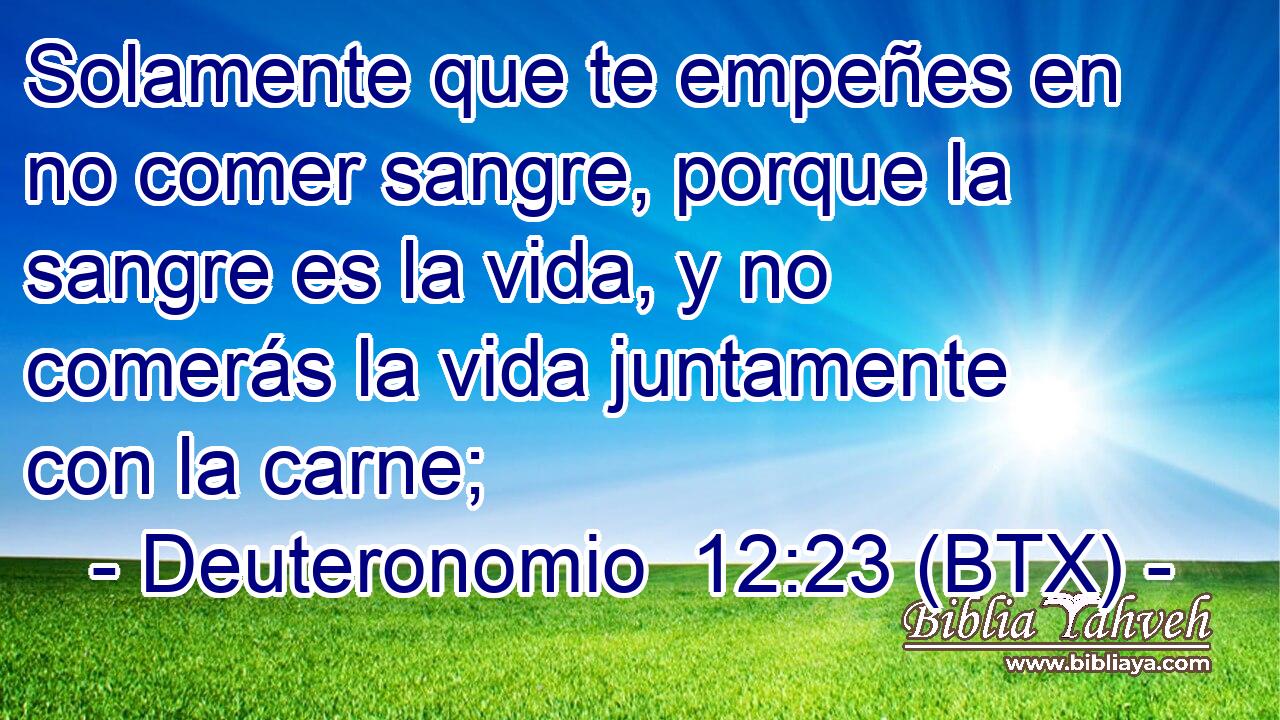 Solamente que te empeñes en no comer sangre, porque la sangre es la vida, y no comerás la vida juntamente con la carne;