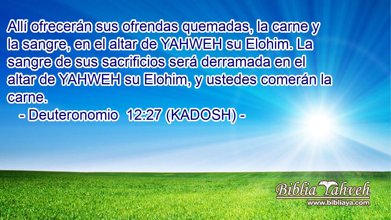  Allí ofrecerán sus ofrendas quemadas, la carne y la sangre, en el altar de YAHWEH su Elohim. La sangre de sus sacrificios será derramada en el altar de YAHWEH su Elohim, y ustedes comerán la carne. 