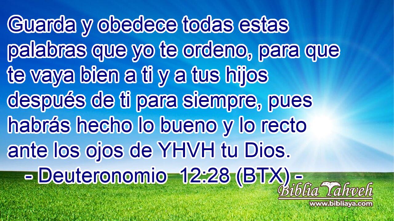 Guarda y obedece todas estas palabras que yo te ordeno, para que te vaya bien a ti y a tus hijos después de ti para siempre, pues habrás hecho lo bueno y lo recto ante los ojos de YHVH tu Dios.