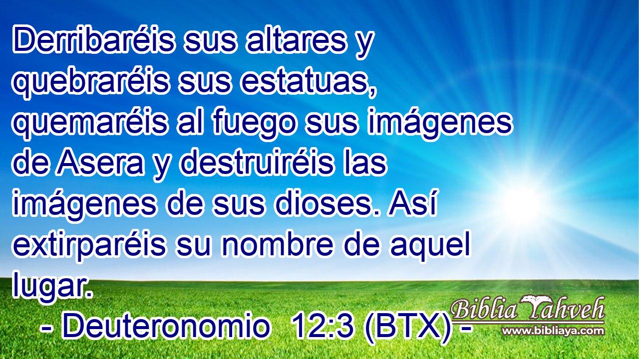 Derribaréis sus altares y quebraréis sus estatuas, quemaréis al fuego sus imágenes de Asera y destruiréis las imágenes de sus dioses. Así extirparéis su nombre de aquel lugar.
