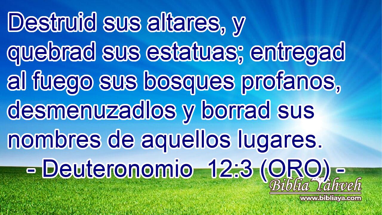  Destruid sus altares, y quebrad sus estatuas; entregad al fuego sus bosques profanos, desmenuzadlos y borrad sus nombres de aquellos lugares. 