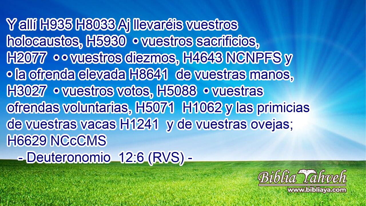 Y allí H935 H8033 Aj llevaréis vuestros holocaustos, H5930  • vuestros sacrificios, H2077  • • vuestros diezmos, H4643 NCNPFS y • la ofrenda elevada H8641  de vuestras manos, H3027  • vuestros votos, H5088  • vuestras ofrendas voluntarias, H5071  H1062 y las primicias de vuestras vacas H1241  y de vuestras ovejas; H6629 NCcCMS 