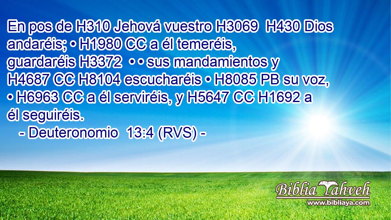 En pos de H310 Jehová vuestro H3069  H430 Dios andaréis; • H1980 CC a él temeréis, guardaréis H3372  • • sus mandamientos y H4687 CC H8104 escucharéis • H8085 PB su voz, • H6963 CC a él serviréis, y H5647 CC H1692 a él seguiréis. 
