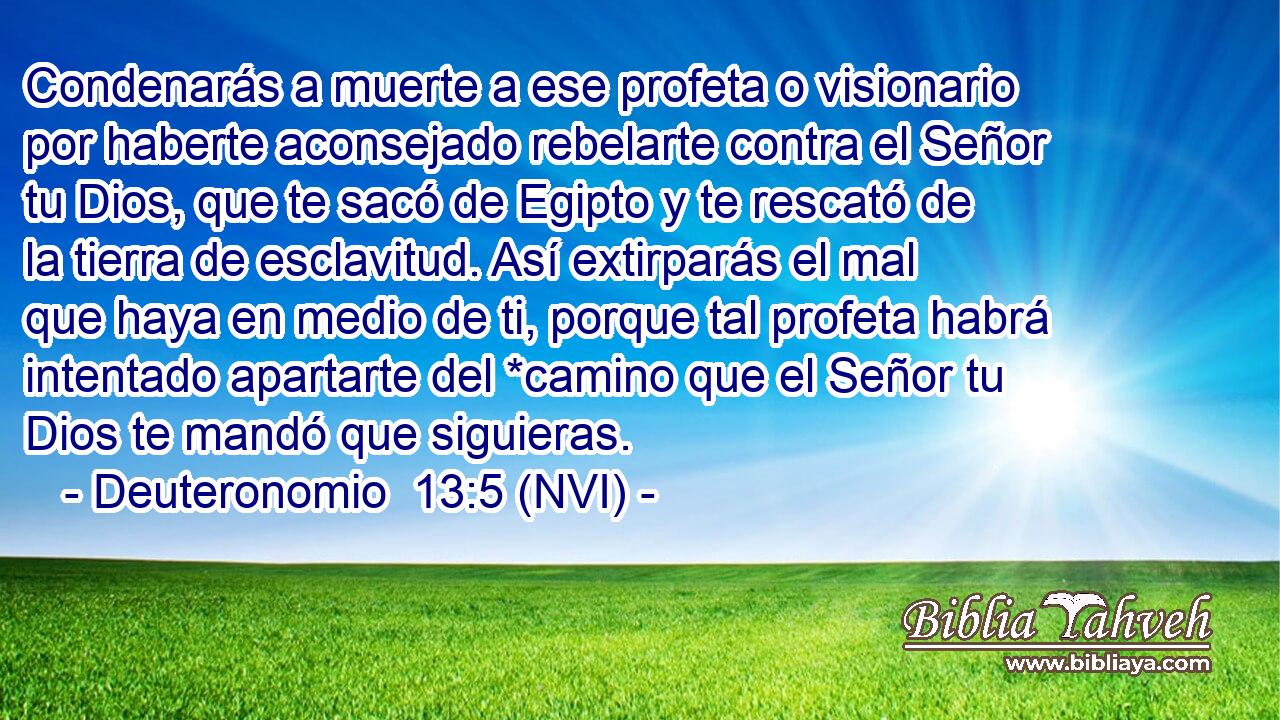  Condenarás a muerte a ese profeta o visionario por haberte aconsejado rebelarte contra el Señor tu Dios, que te sacó de Egipto y te rescató de la tierra de esclavitud. Así extirparás el mal que haya en medio de ti, porque tal profeta habrá intentado apartarte del *camino que el Señor tu Dios te mandó que siguieras. 