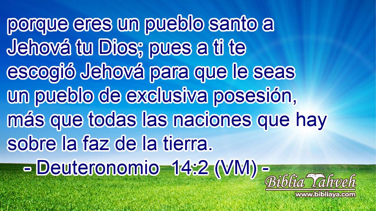  porque eres un pueblo santo a Jehová tu Dios; pues a ti te escogió Jehová para que le seas un pueblo de exclusiva posesión, más que todas las naciones que hay sobre la faz de la tierra. 