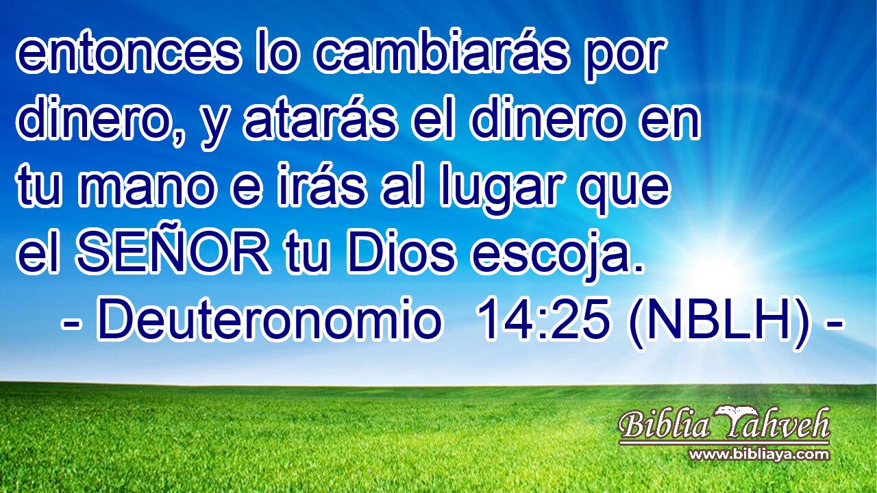  entonces lo cambiarás por dinero, y atarás el dinero en tu mano e irás al lugar que el SEÑOR tu Dios escoja. 