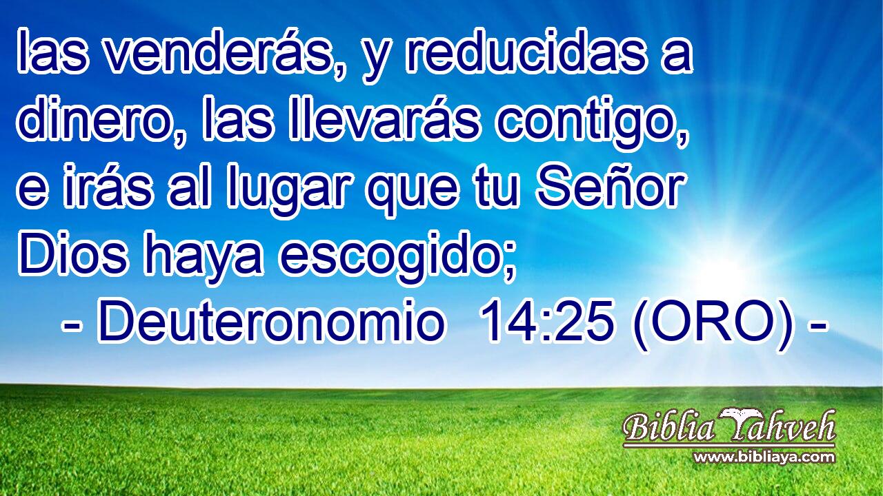  las venderás, y reducidas a dinero, las llevarás contigo, e irás al lugar que tu Señor Dios haya escogido; 