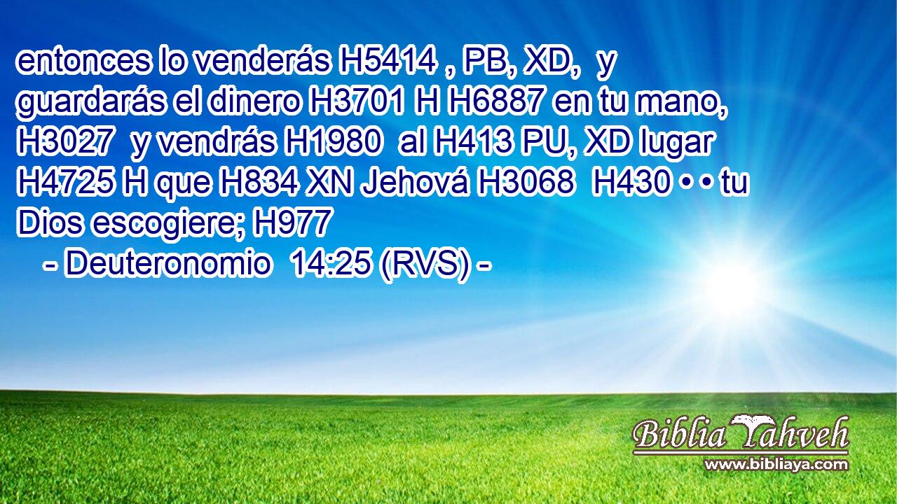 entonces lo venderás H5414 , PB, XD,  y guardarás el dinero H3701 H H6887 en tu mano, H3027  y vendrás H1980  al H413 PU, XD lugar H4725 H que H834 XN Jehová H3068  H430 • • tu Dios escogiere; H977  