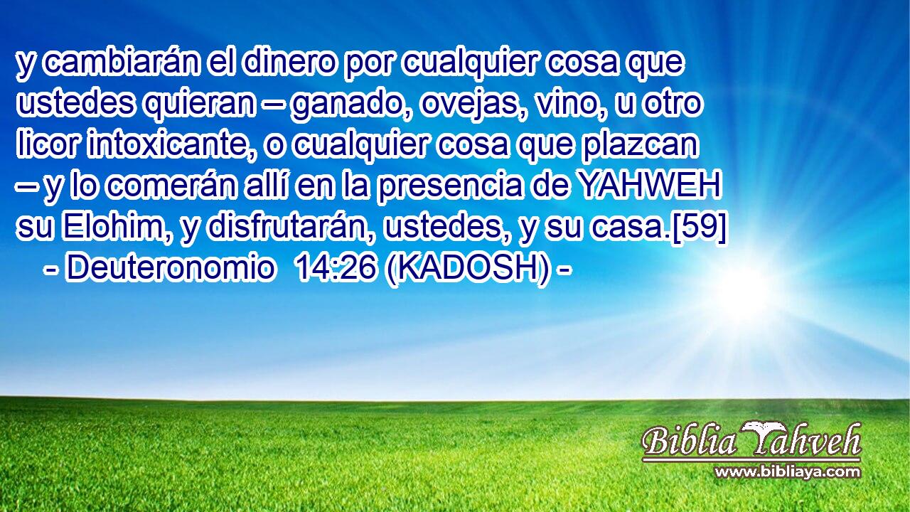  y cambiarán el dinero por cualquier cosa que ustedes quieran – ganado, ovejas, vino, u otro licor intoxicante, o cualquier cosa que plazcan – y lo comerán allí en la presencia de YAHWEH su Elohim, y disfrutarán, ustedes, y su casa.[59] 