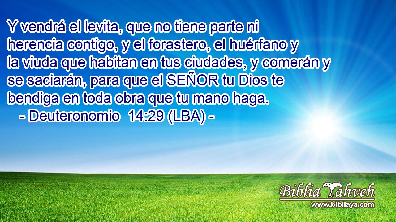 Y vendrá el levita, que no tiene parte ni herencia contigo, y el forastero, el huérfano y la viuda que habitan en tus ciudades, y comerán y se saciarán, para que el SEÑOR tu Dios te bendiga en toda obra que tu mano haga.
