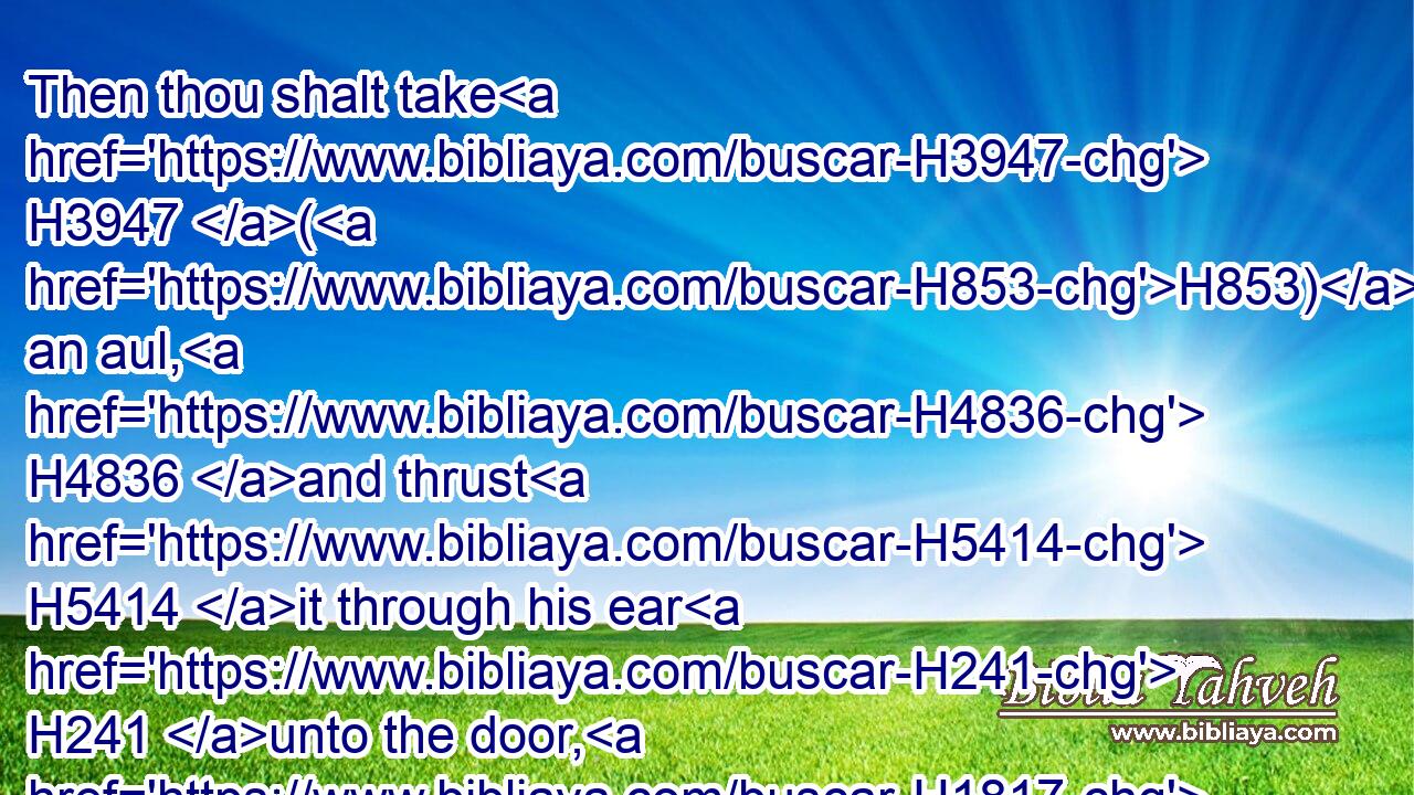 Then thou shalt take H3947 (H853) an aul, H4836 and thrust H5414 it through his ear H241 unto the door, H1817 and he shall be H1961 thy servant H5650 for ever. H5769 And also H637 unto thy maidservant H519 thou shalt do H6213 likewise.H3651