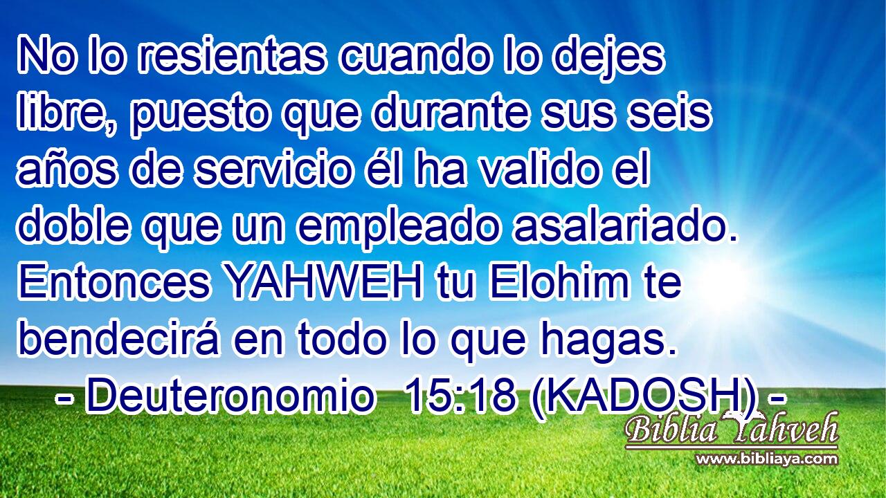  No lo resientas cuando lo dejes libre, puesto que durante sus seis años de servicio él ha valido el doble que un empleado asalariado. Entonces YAHWEH tu Elohim te bendecirá en todo lo que hagas. 