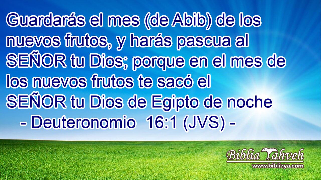 Guardarás el mes (de Abib) de los nuevos frutos, y harás pascua al SEÑOR tu Dios; porque en el mes de los nuevos frutos te sacó el SEÑOR tu Dios de Egipto de noche