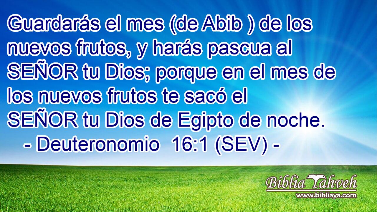 Guardarás el mes (de Abib ) de los nuevos frutos, y harás pascua al SEÑOR tu Dios; porque en el mes de los nuevos frutos te sacó el SEÑOR tu Dios de Egipto de noche.