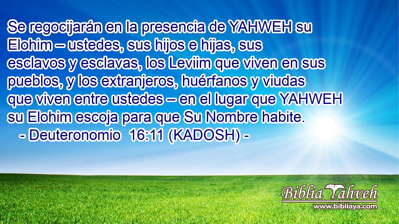  Se regocijarán en la presencia de YAHWEH su Elohim – ustedes, sus hijos e hijas, sus esclavos y esclavas, los Leviim que viven en sus pueblos, y los extranjeros, huérfanos y viudas que viven entre ustedes – en el lugar que YAHWEH su Elohim escoja para que Su Nombre habite. 