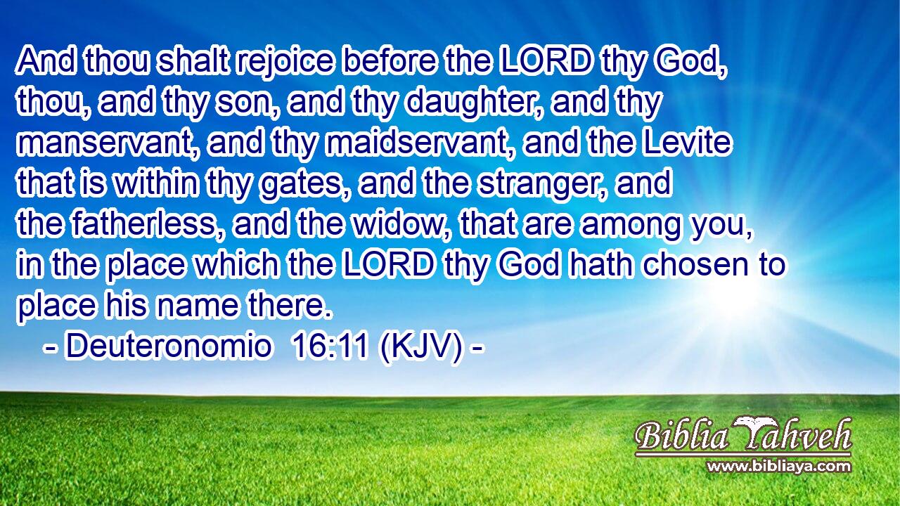 And thou shalt rejoice before the LORD thy God, thou, and thy son, and thy daughter, and thy manservant, and thy maidservant, and the Levite that is within thy gates, and the stranger, and the fatherless, and the widow, that are among you, in the place which the LORD thy God hath chosen to place his name there.
