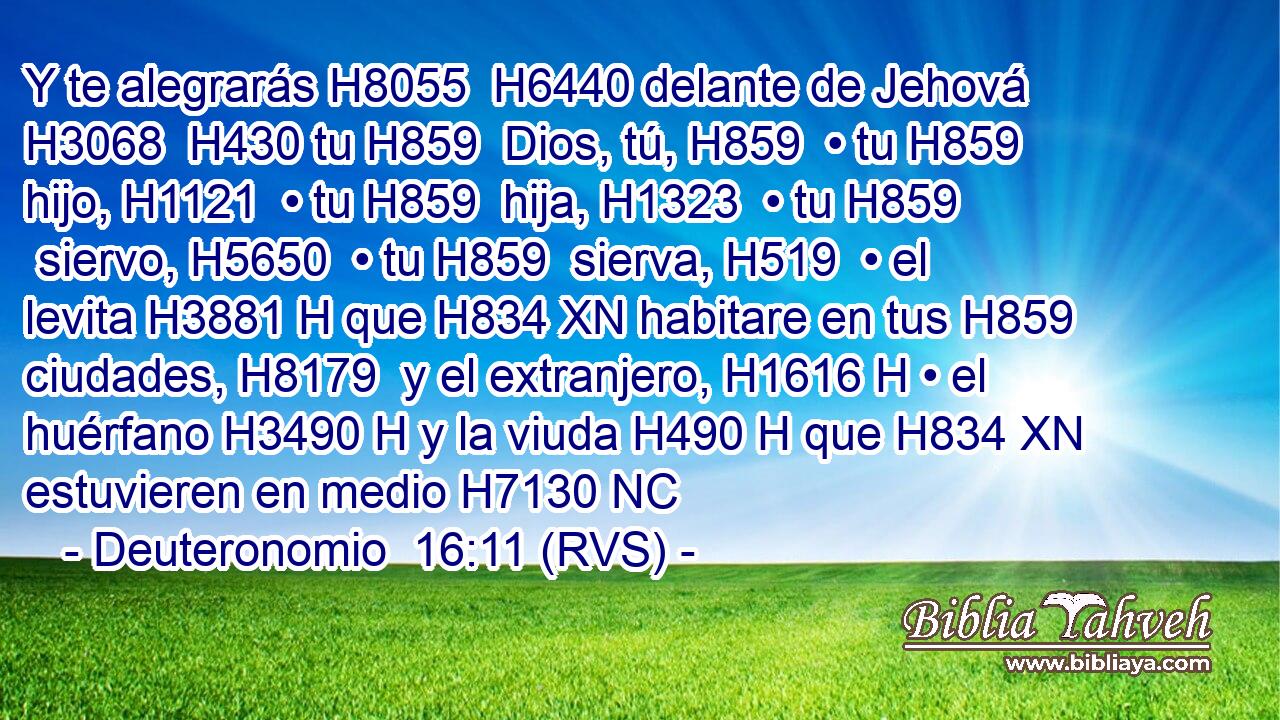 Y te alegrarás H8055  H6440 delante de Jehová H3068  H430 tu H859  Dios, tú, H859  • tu H859  hijo, H1121  • tu H859  hija, H1323  • tu H859  siervo, H5650  • tu H859  sierva, H519  • el levita H3881 H que H834 XN habitare en tus H859  ciudades, H8179  y el extranjero, H1616 H • el huérfano H3490 H y la viuda H490 H que H834 XN estuvieren en medio H7130 NC