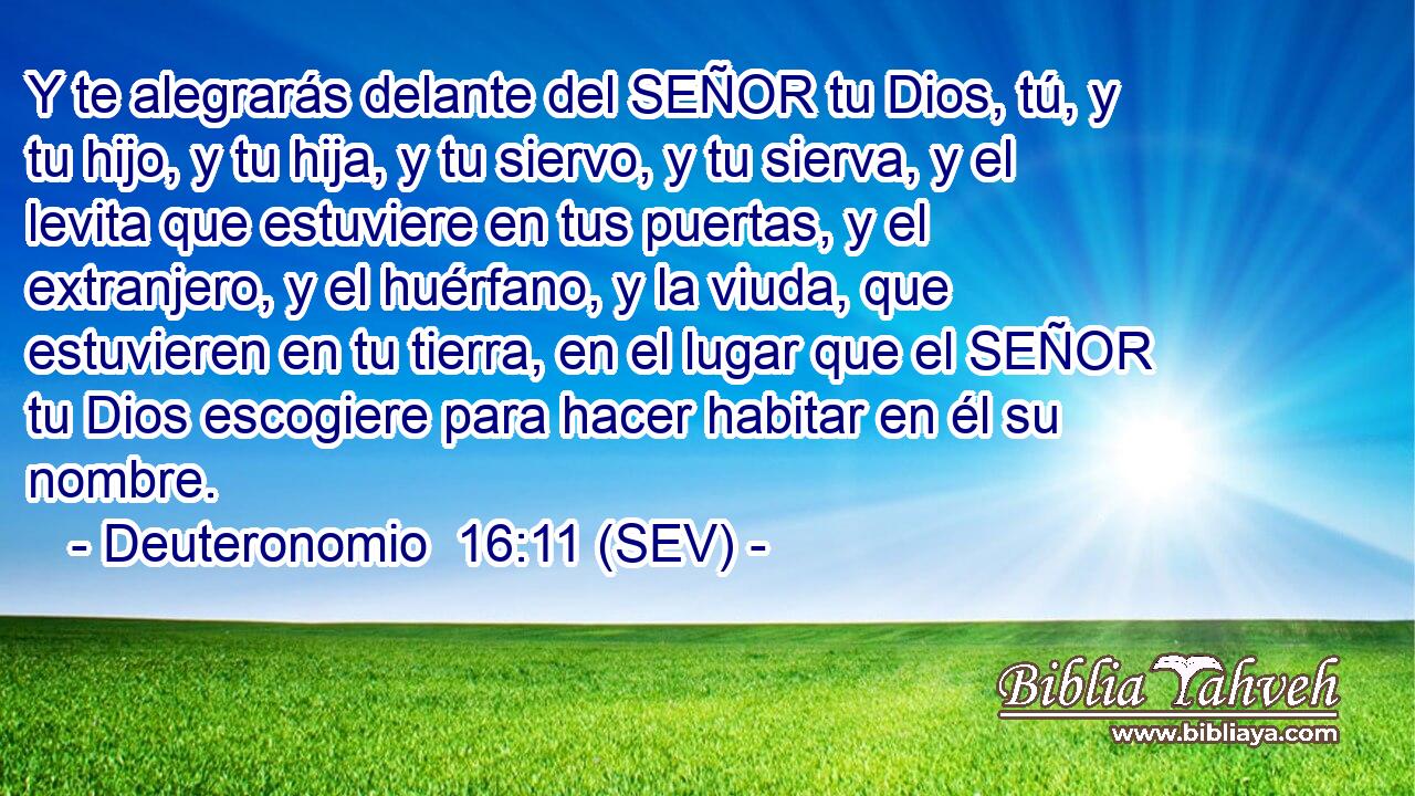 Y te alegrarás delante del SEÑOR tu Dios, tú, y tu hijo, y tu hija, y tu siervo, y tu sierva, y el levita que estuviere en tus puertas, y el extranjero, y el huérfano, y la viuda, que estuvieren en tu tierra, en el lugar que el SEÑOR tu Dios escogiere para hacer habitar en él su nombre.