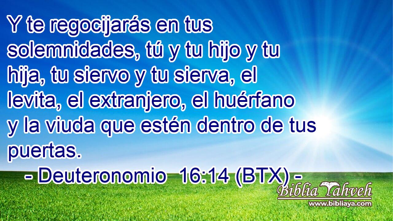 Y te regocijarás en tus solemnidades, tú y tu hijo y tu hija, tu siervo y tu sierva, el levita, el extranjero, el huérfano y la viuda que estén dentro de tus puertas.