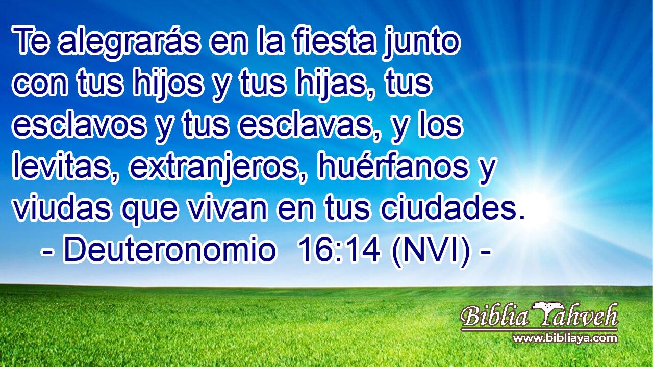  Te alegrarás en la fiesta junto con tus hijos y tus hijas, tus esclavos y tus esclavas, y los levitas, extranjeros, huérfanos y viudas que vivan en tus ciudades. 