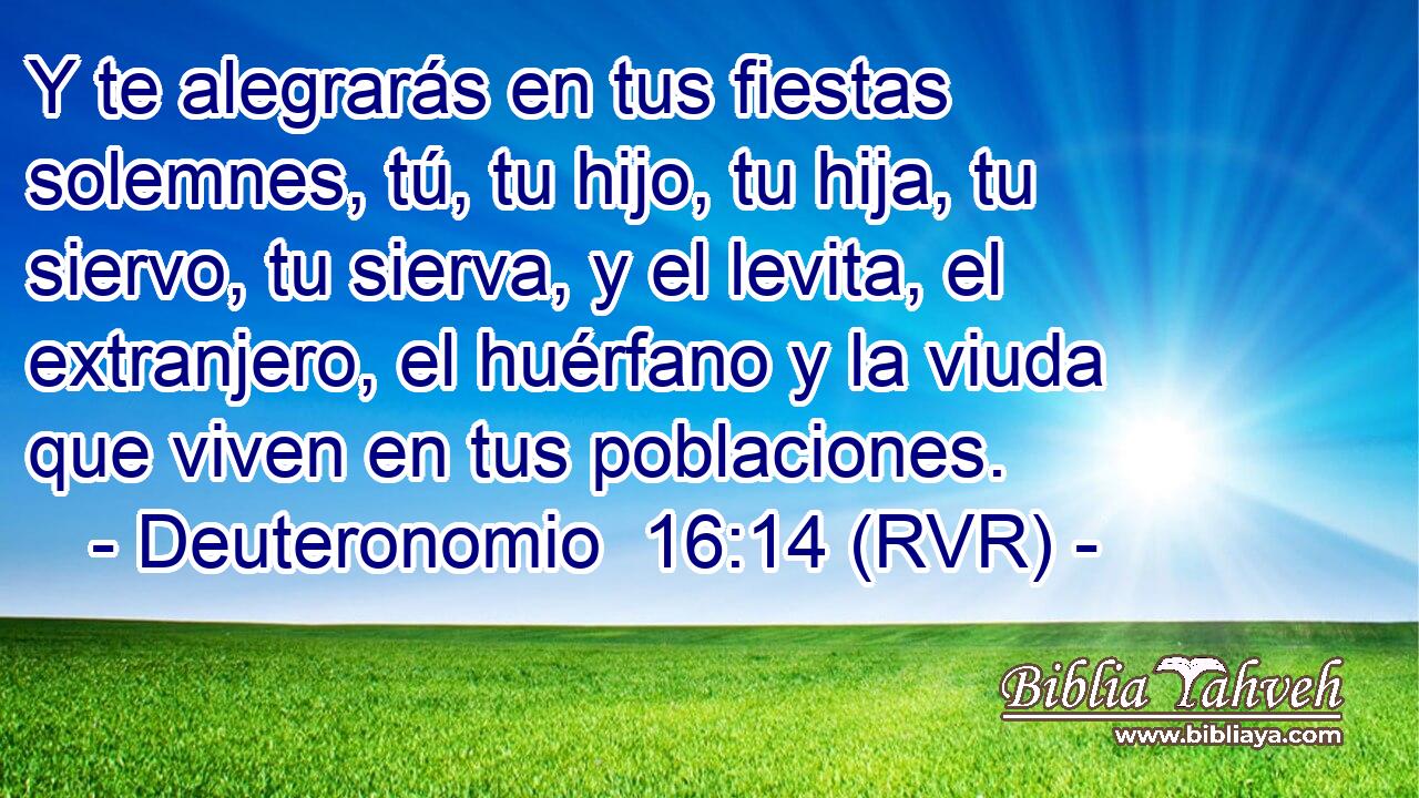 Y te alegrarás en tus fiestas solemnes, tú, tu hijo, tu hija, tu siervo, tu sierva, y el levita, el extranjero, el huérfano y la viuda que viven en tus poblaciones.