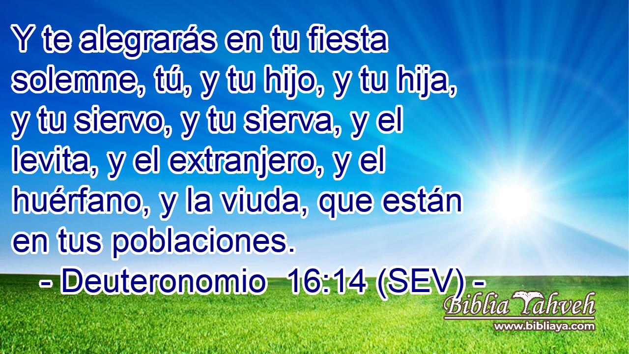 Y te alegrarás en tu fiesta solemne, tú, y tu hijo, y tu hija, y tu siervo, y tu sierva, y el levita, y el extranjero, y el huérfano, y la viuda, que están en tus poblaciones.