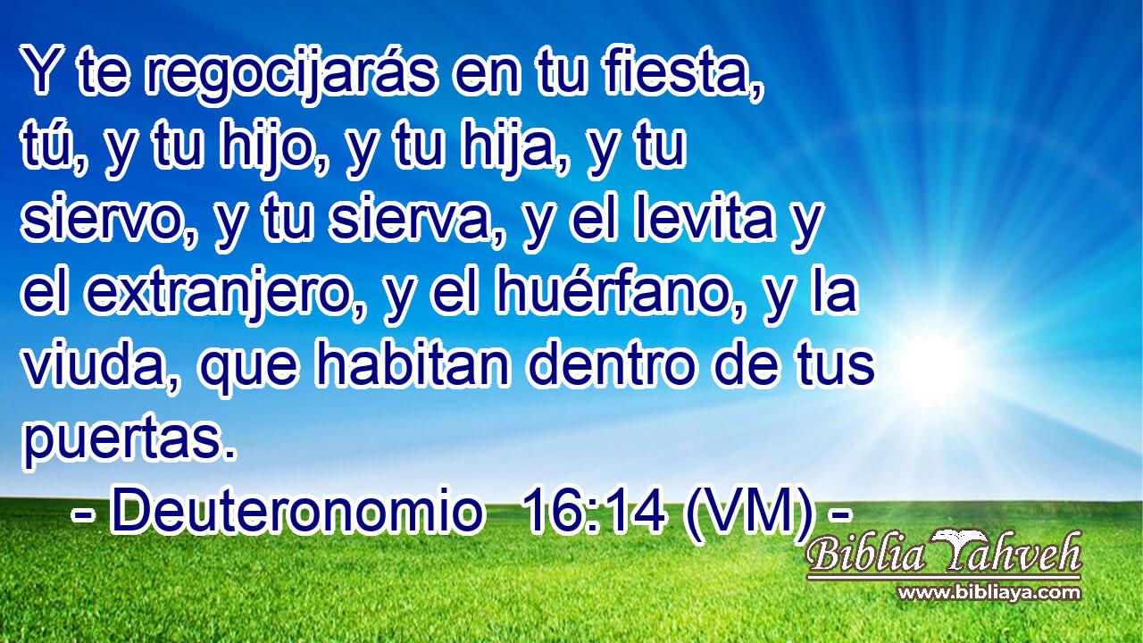  Y te regocijarás en tu fiesta, tú, y tu hijo, y tu hija, y tu siervo, y tu sierva, y el levita y el extranjero, y el huérfano, y la viuda, que habitan dentro de tus puertas. 