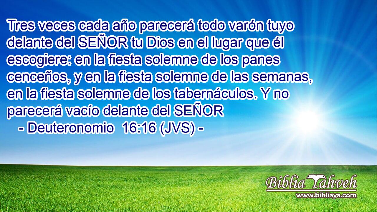 Tres veces cada año parecerá todo varón tuyo delante del SEÑOR tu Dios en el lugar que él escogiere: en la fiesta solemne de los panes cenceños, y en la fiesta solemne de las semanas, en la fiesta solemne de los tabernáculos. Y no parecerá vacío delante del SEÑOR