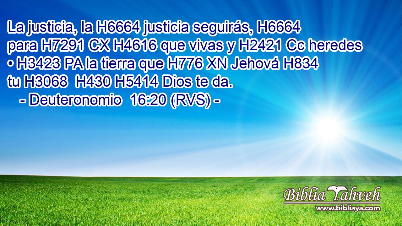 La justicia, la H6664 justicia seguirás, H6664  para H7291 CX H4616 que vivas y H2421 Cc heredes • H3423 PA la tierra que H776 XN Jehová H834  tu H3068  H430 H5414 Dios te da. 