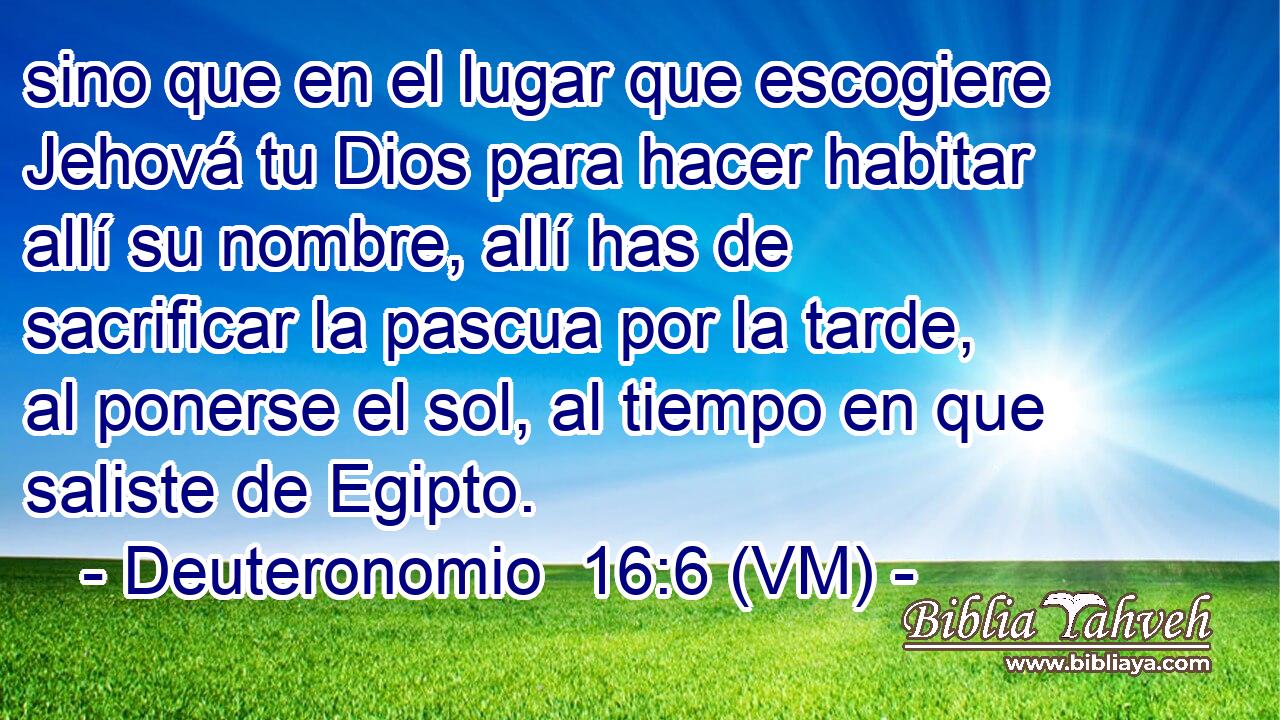  sino que en el lugar que escogiere Jehová tu Dios para hacer habitar allí su nombre, allí has de sacrificar la pascua por la tarde, al ponerse el sol, al tiempo en que saliste de Egipto. 