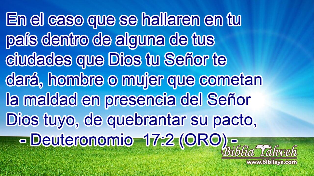  En el caso que se hallaren en tu país dentro de alguna de tus ciudades que Dios tu Señor te dará, hombre o mujer que cometan la maldad en presencia del Señor Dios tuyo, de quebrantar su pacto, 