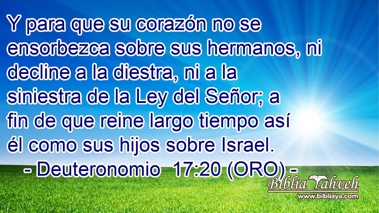  Y para que su corazón no se ensorbezca sobre sus hermanos, ni decline a la diestra, ni a la siniestra de la Ley del Señor; a fin de que reine largo tiempo así él como sus hijos sobre Israel. 