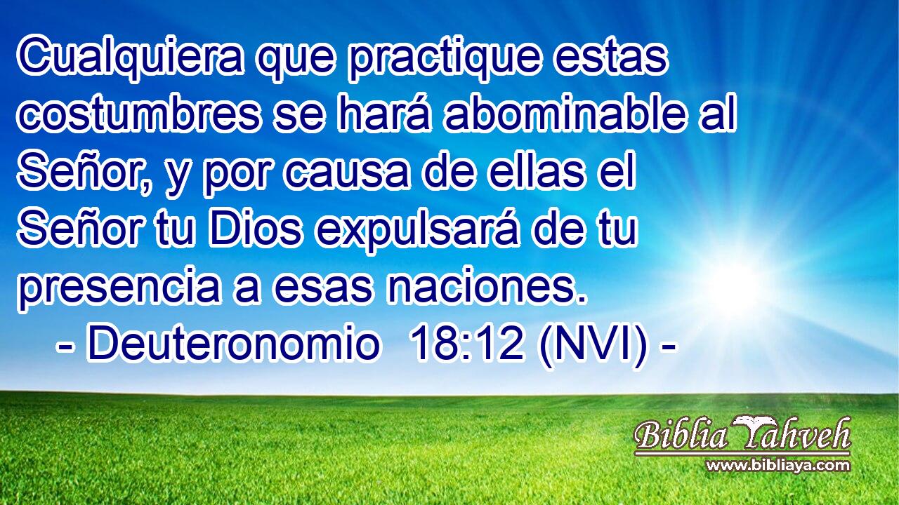  Cualquiera que practique estas costumbres se hará abominable al Señor, y por causa de ellas el Señor tu Dios expulsará de tu presencia a esas naciones. 