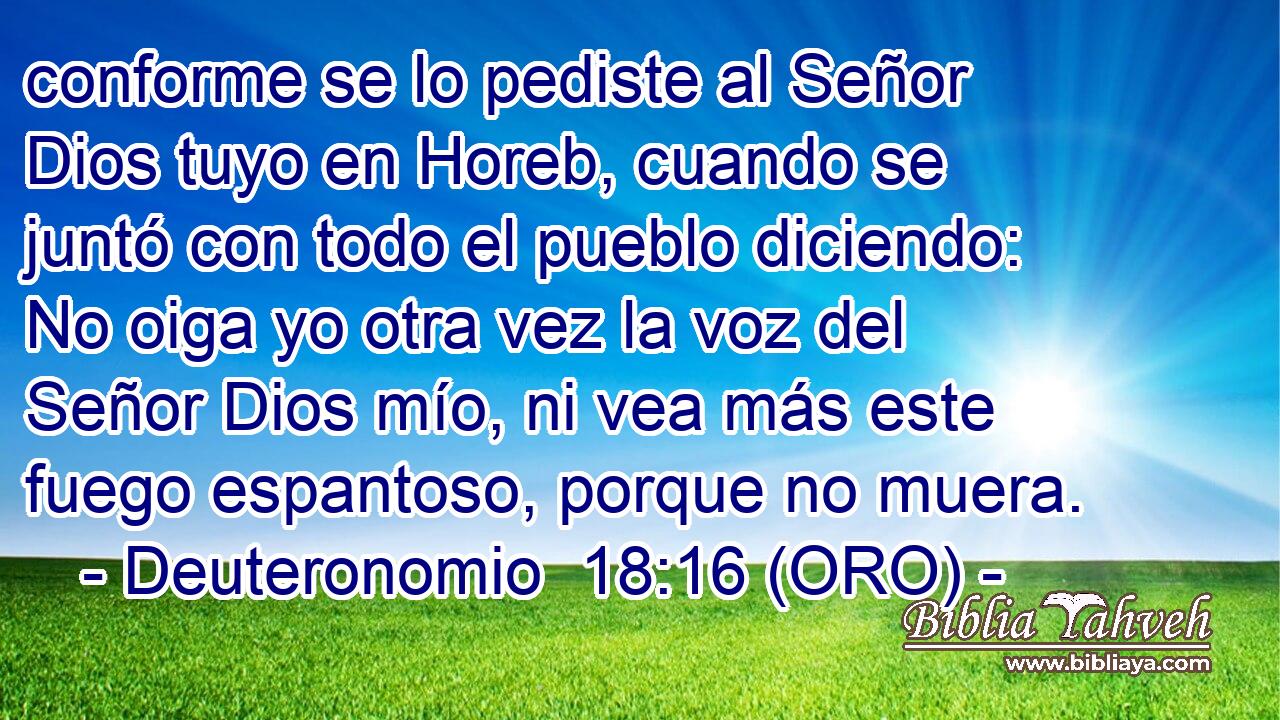  conforme se lo pediste al Señor Dios tuyo en Horeb, cuando se juntó con todo el pueblo diciendo: No oiga yo otra vez la voz del Señor Dios mío, ni vea más este fuego espantoso, porque no muera. 