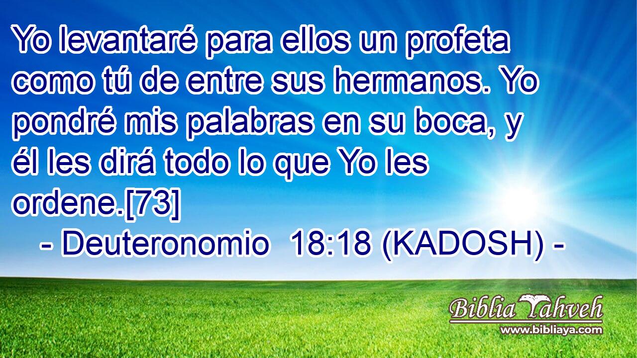  Yo levantaré para ellos un profeta como tú de entre sus hermanos. Yo pondré mis palabras en su boca, y él les dirá todo lo que Yo les ordene.[73] 