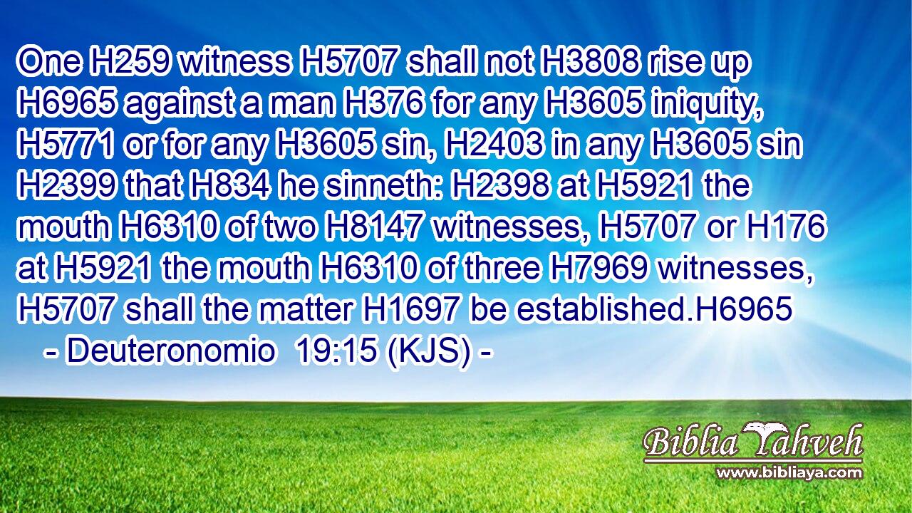 One H259 witness H5707 shall not H3808 rise up H6965 against a man H376 for any H3605 iniquity, H5771 or for any H3605 sin, H2403 in any H3605 sin H2399 that H834 he sinneth: H2398 at H5921 the mouth H6310 of two H8147 witnesses, H5707 or H176 at H5921 the mouth H6310 of three H7969 witnesses, H5707 shall the matter H1697 be established.H6965