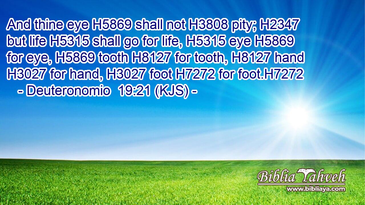 And thine eye H5869 shall not H3808 pity; H2347 but life H5315 shall go for life, H5315 eye H5869 for eye, H5869 tooth H8127 for tooth, H8127 hand H3027 for hand, H3027 foot H7272 for foot.H7272