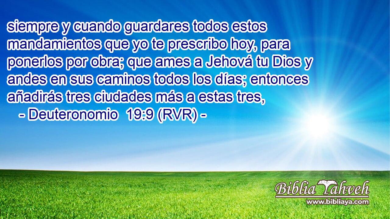 siempre y cuando guardares todos estos mandamientos que yo te prescribo hoy, para ponerlos por obra; que ames a Jehová tu Dios y andes en sus caminos todos los días; entonces añadirás tres ciudades más a estas tres,