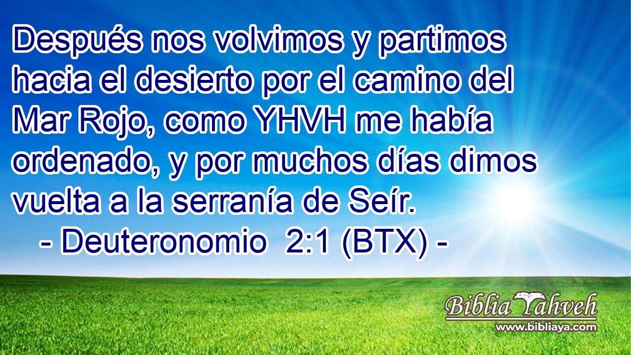 Después nos volvimos y partimos hacia el desierto por el camino del Mar Rojo, como YHVH me había ordenado, y por muchos días dimos vuelta a la serranía de Seír.