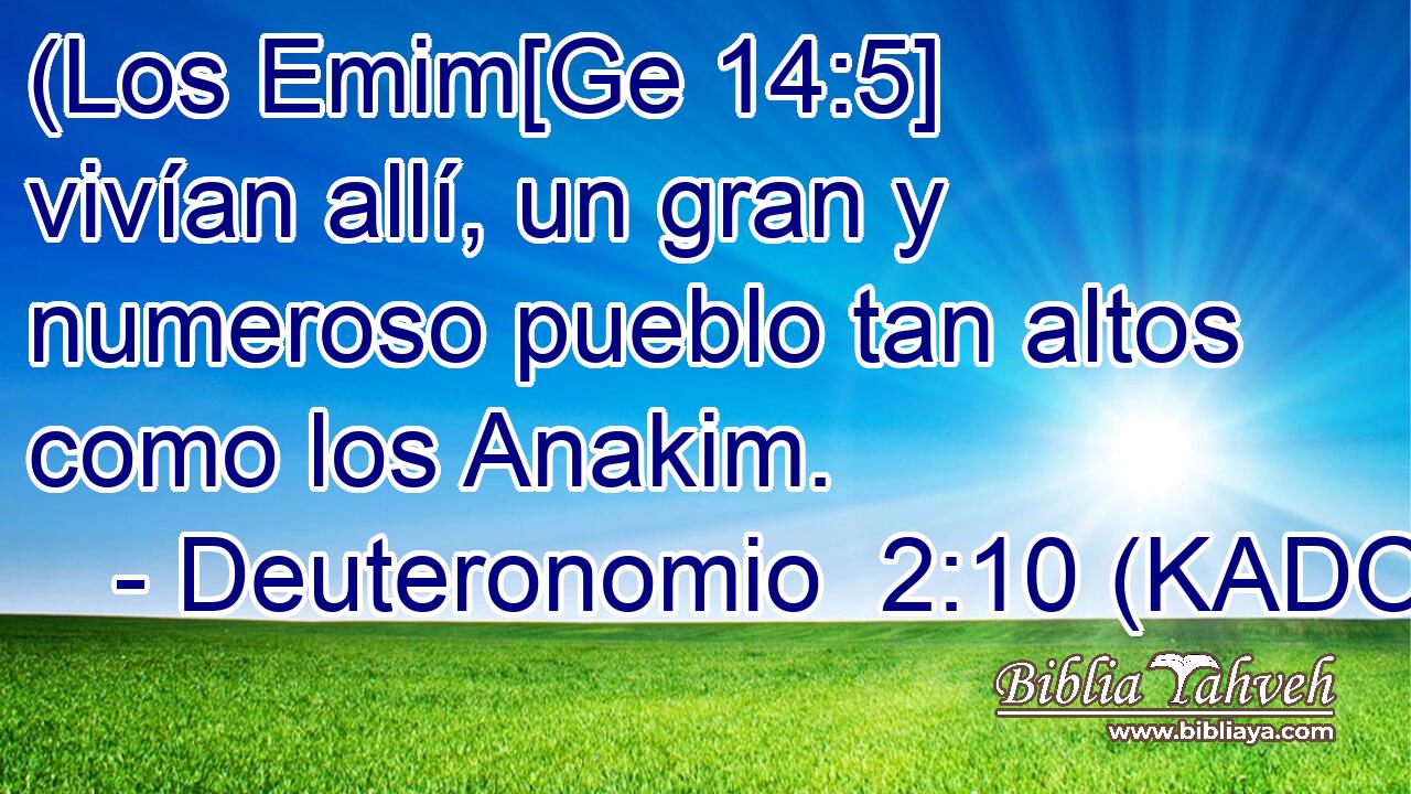  (Los Emim[Ge 14:5] vivían allí, un gran y numeroso pueblo tan altos como los Anakim. 