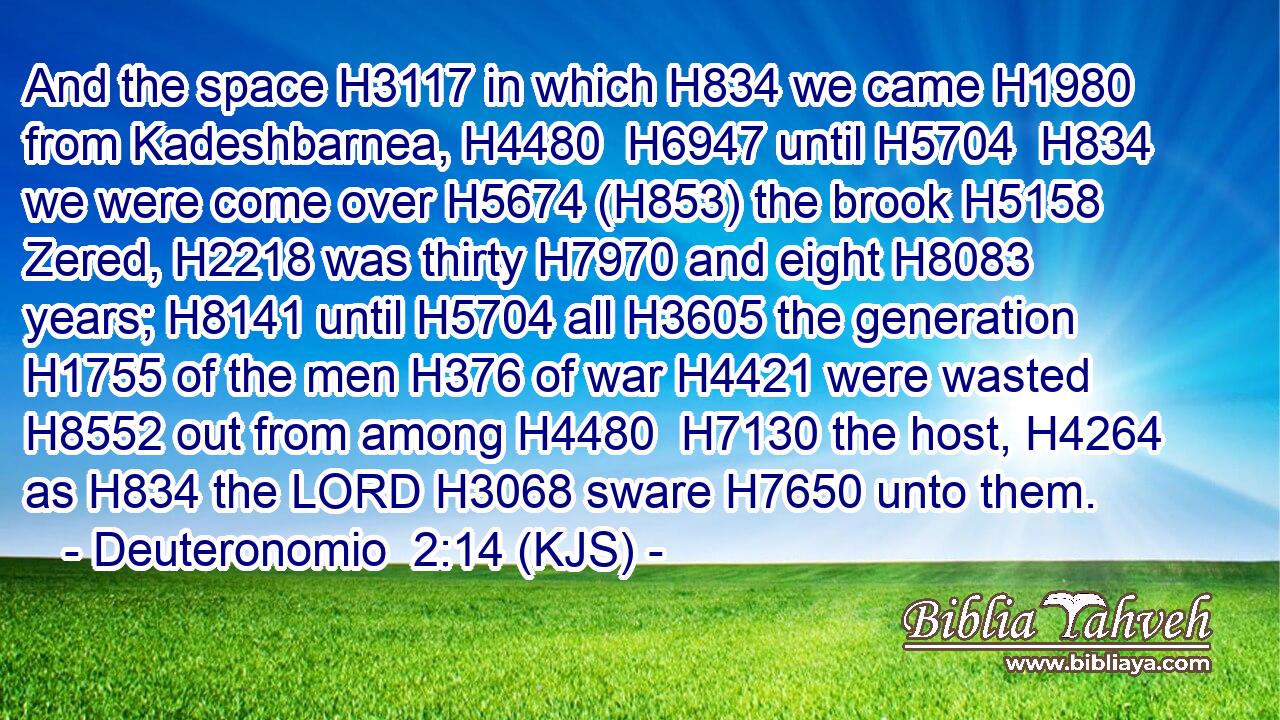 And the space H3117 in which H834 we came H1980 from Kadeshbarnea, H4480  H6947 until H5704  H834 we were come over H5674 (H853) the brook H5158 Zered, H2218 was thirty H7970 and eight H8083 years; H8141 until H5704 all H3605 the generation H1755 of the men H376 of war H4421 were wasted H8552 out from among H4480  H7130 the host, H4264 as H834 the LORD H3068 sware H7650 unto them.