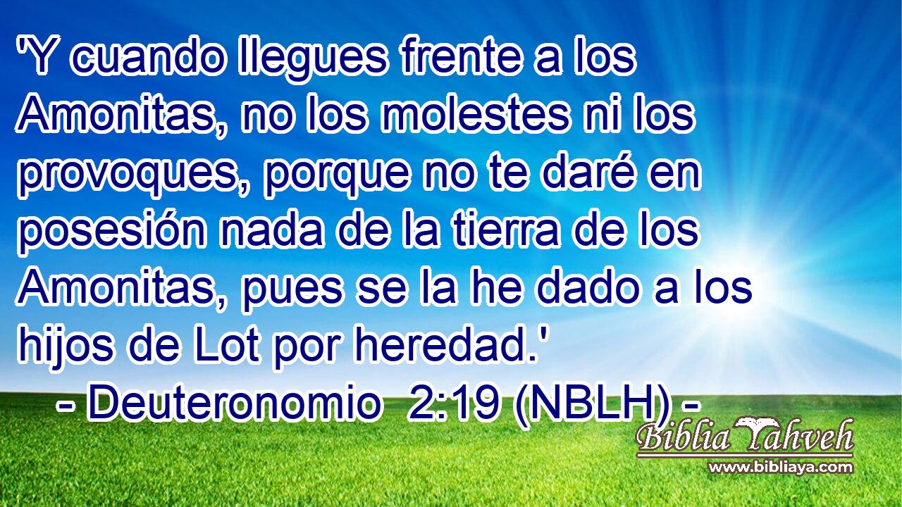  'Y cuando llegues frente a los Amonitas, no los molestes ni los provoques, porque no te daré en posesión nada de la tierra de los Amonitas, pues se la he dado a los hijos de Lot por heredad.' 