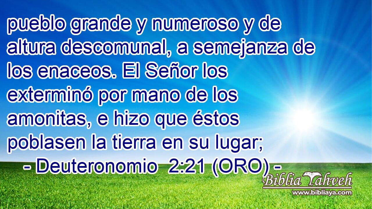  pueblo grande y numeroso y de altura descomunal, a semejanza de los enaceos. El Señor los exterminó por mano de los amonitas, e hizo que éstos poblasen la tierra en su lugar; 