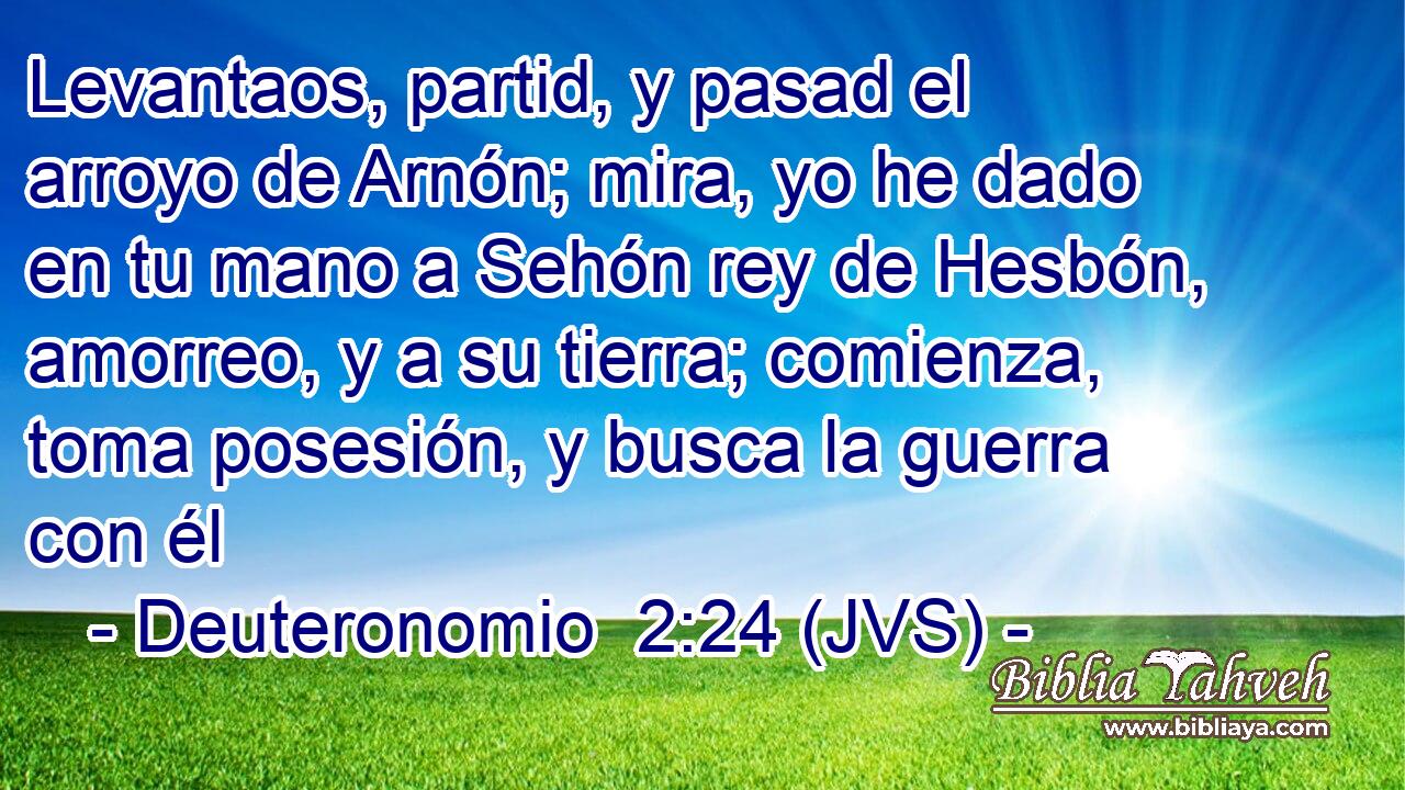 Levantaos, partid, y pasad el arroyo de Arnón; mira, yo he dado en tu mano a Sehón rey de Hesbón, amorreo, y a su tierra; comienza, toma posesión, y busca la guerra con él