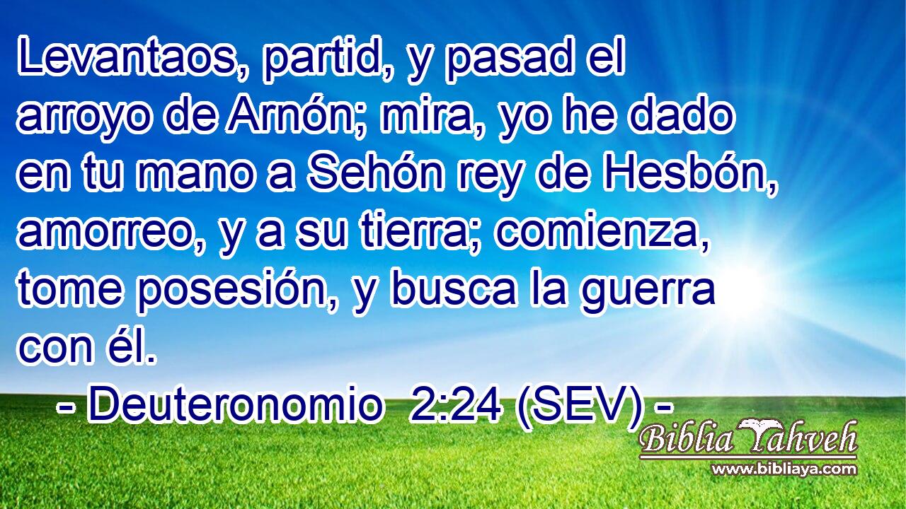 Levantaos, partid, y pasad el arroyo de Arnón; mira, yo he dado en tu mano a Sehón rey de Hesbón, amorreo, y a su tierra; comienza, tome posesión, y busca la guerra con él.