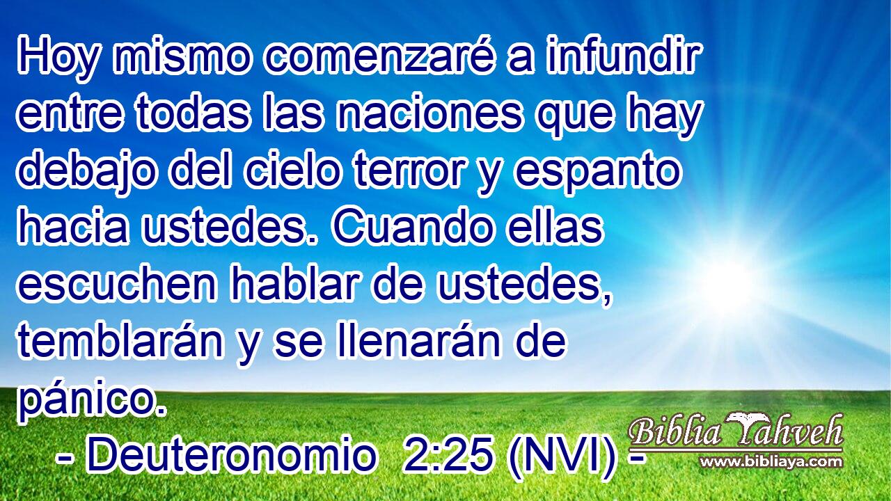  Hoy mismo comenzaré a infundir entre todas las naciones que hay debajo del cielo terror y espanto hacia ustedes. Cuando ellas escuchen hablar de ustedes, temblarán y se llenarán de pánico. 
