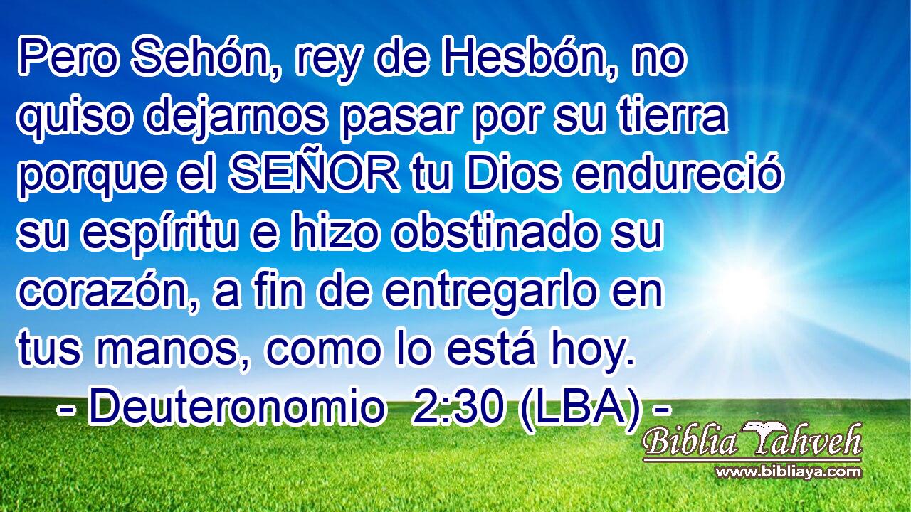 Pero Sehón, rey de Hesbón, no quiso dejarnos pasar por su tierra porque el SEÑOR tu Dios endureció su espíritu e hizo obstinado su corazón, a fin de entregarlo en tus manos, como lo está hoy.