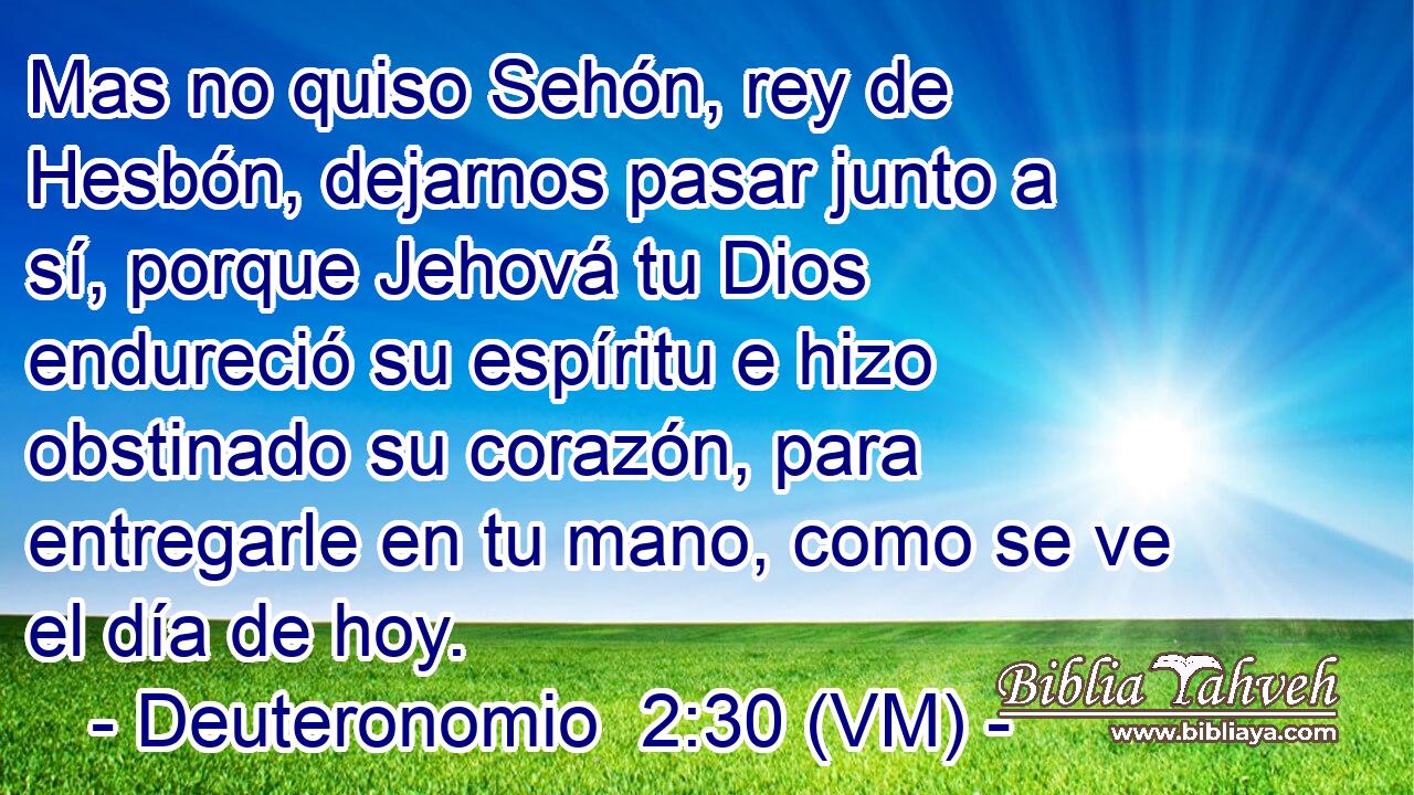  Mas no quiso Sehón, rey de Hesbón, dejarnos pasar junto a sí, porque Jehová tu Dios endureció su espíritu e hizo obstinado su corazón, para entregarle en tu mano, como se ve el día de hoy. 