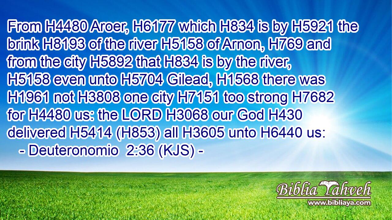 From H4480 Aroer, H6177 which H834 is by H5921 the brink H8193 of the river H5158 of Arnon, H769 and from the city H5892 that H834 is by the river, H5158 even unto H5704 Gilead, H1568 there was H1961 not H3808 one city H7151 too strong H7682 for H4480 us: the LORD H3068 our God H430 delivered H5414 (H853) all H3605 unto H6440 us: